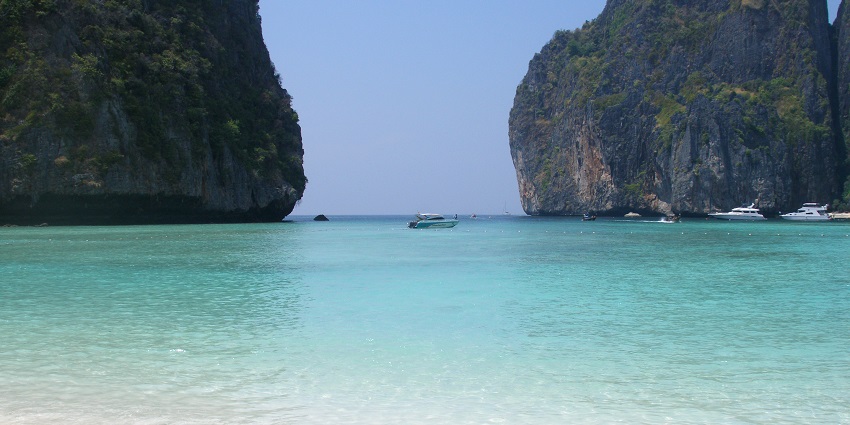 A view of the turquoise-blue waters of Maya Bay, one of the top beaches in Thailand.