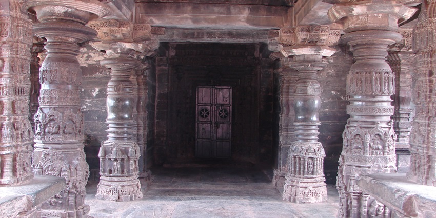 Ornately carved Chalukya pillars inside Saraswati shrine at Gadag’s Trikuteshwara Temple.