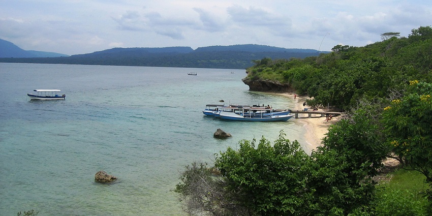 A picture of a beach taken from a distance showing boats and ferries in the sea