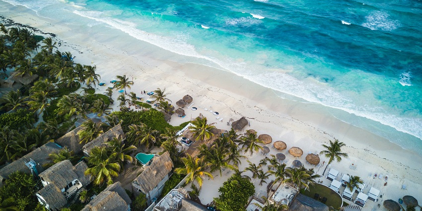 Aerial view of Tulum, Mexico - places to visit in monsoon in the world