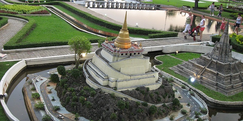 The aerial snapshot of the miniature replicas of international landmarks in Mini Siam