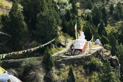 A breathtaking aerial view of a monastery in Himachal Pradesh surrounded by lush greenery.