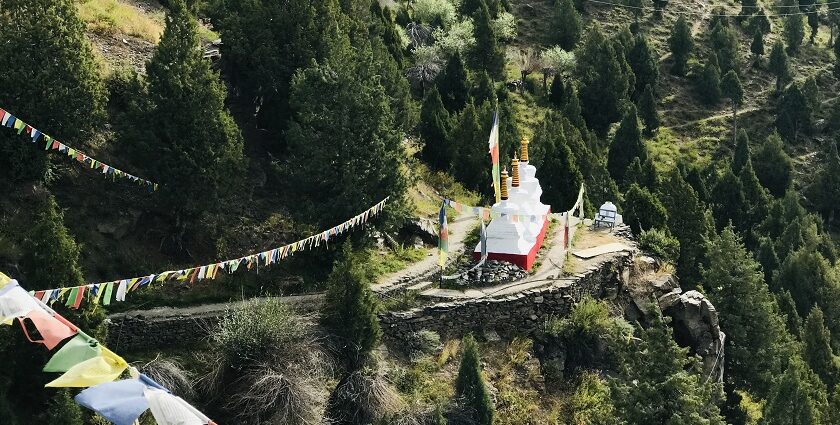 A breathtaking aerial view of a monastery in Himachal Pradesh surrounded by lush greenery.