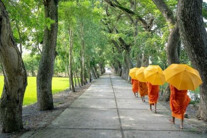 The monks walk on a pathway in the interiors of a monastery during the day.