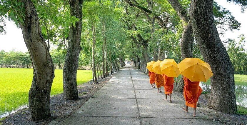 The monks walk on a pathway in the interiors of a monastery during the day.