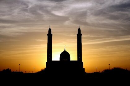 A silhouette of a mosque with a scenic backdrop of cloudy skies with a beautiful sunset.