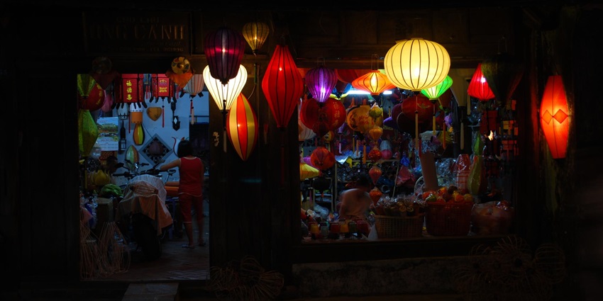 Colorful lanterns illuminating D Tran Phu Street at night, creating a festive atmosphere.