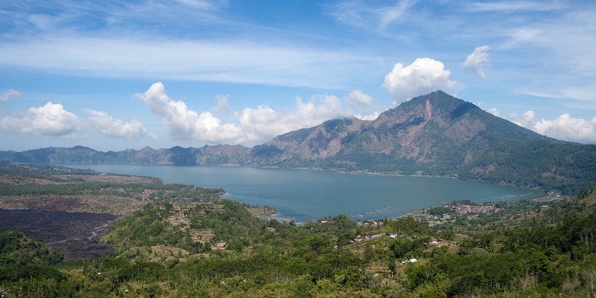 Beautiful view of the Mount Abang and the lake batur covered by the beautiful clouds