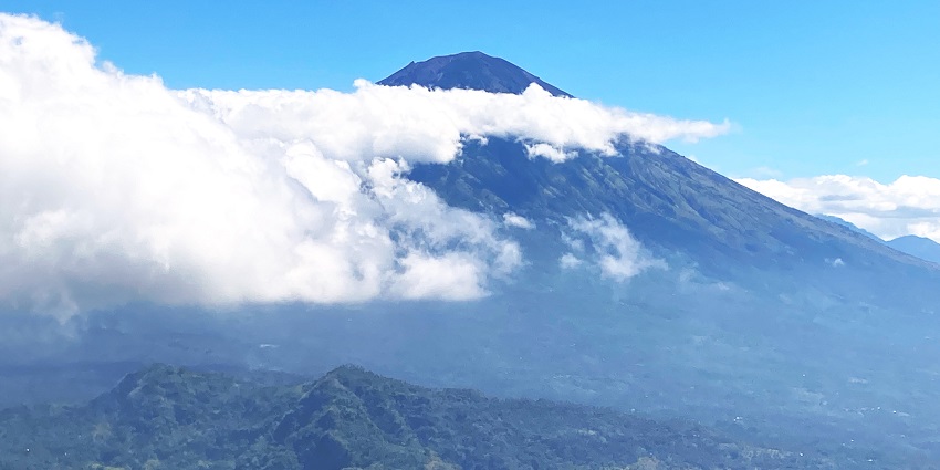 Scenic image of the beautiful mount Agung from the hills of Bali in Indonesia