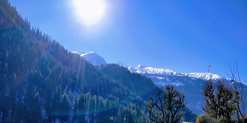 Picturesque view of sun hues sparkling on the lush pine forested mountains and snow covered peaks