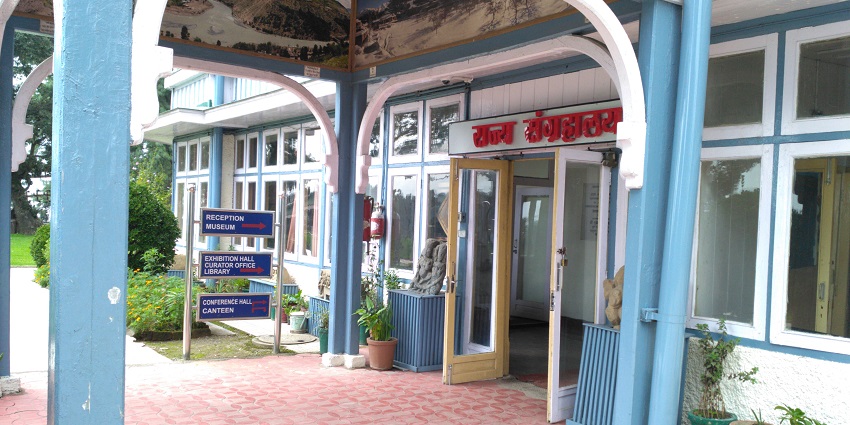 Snapshot of the front entrance of the Himachal state museum in Shimla admit foothills