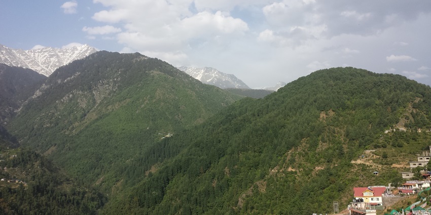 A scenic view of mountains in Himachal Pradesh with a blanket of greenery and mist