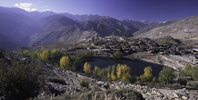 An exhilarating view of Nako Village and the lake on a bright sunny day in Himachal.