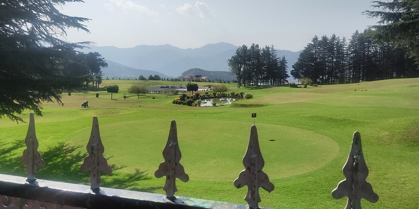 Lush green golf course at Naldehra in Shimla, a scenic escape from the city chaos.