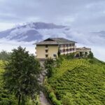 A picture of a beautiful accommodation situated on a hilltop, surrounded by tea gardens