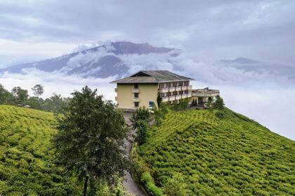 A picture of a beautiful accommodation situated on a hilltop, surrounded by tea gardens