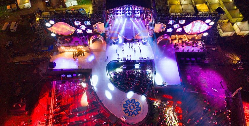 A breathtaking aerial view of a nightclub where people can dance and enjoy good food.