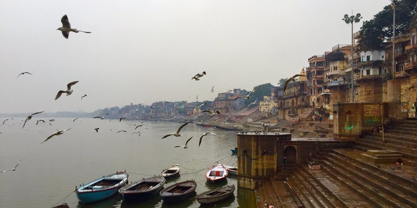 View of Nimati Ghat, a busy river port on the Brahmaputra - one of the things to do in Jorhat.