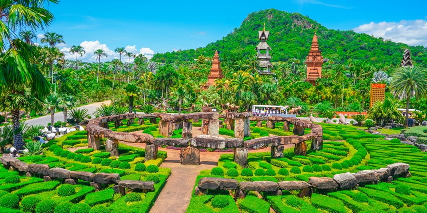 The aerial view of the beautiful tropical garden in the city of Pattaya, Thailand