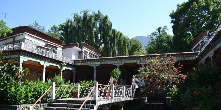 A picture of the intricate interiors of an art institute located amidst lush mountains