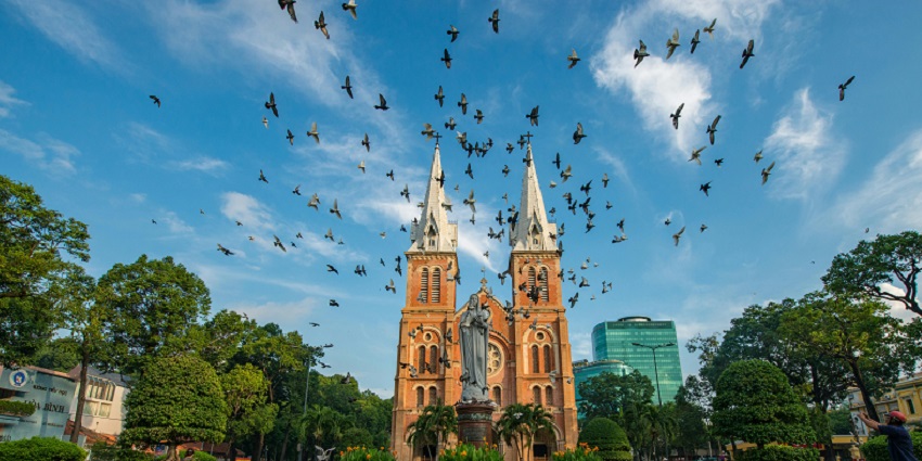 Notre-Dame Cathedral Basilica Of Saigon features stunning neo-Romanesque architecture.