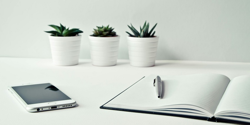 A stunning view of a white notebook with three white and green plants in the background.