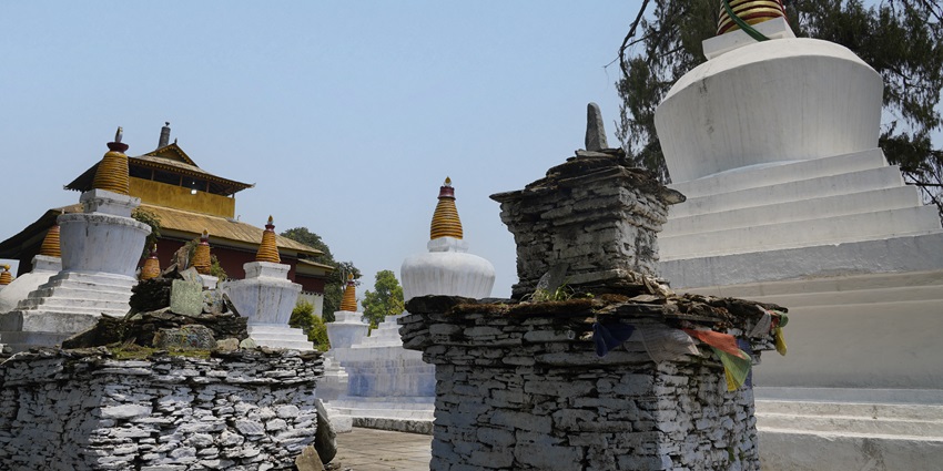 A stunning view of white and gold stone structures with a tree in the background.