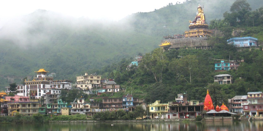 The view of the Padmasambhava Statue from across the Rewalsar Lake in Himachal Pradesh.