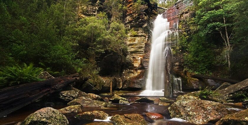 A beautiful waterfall descending on rocks