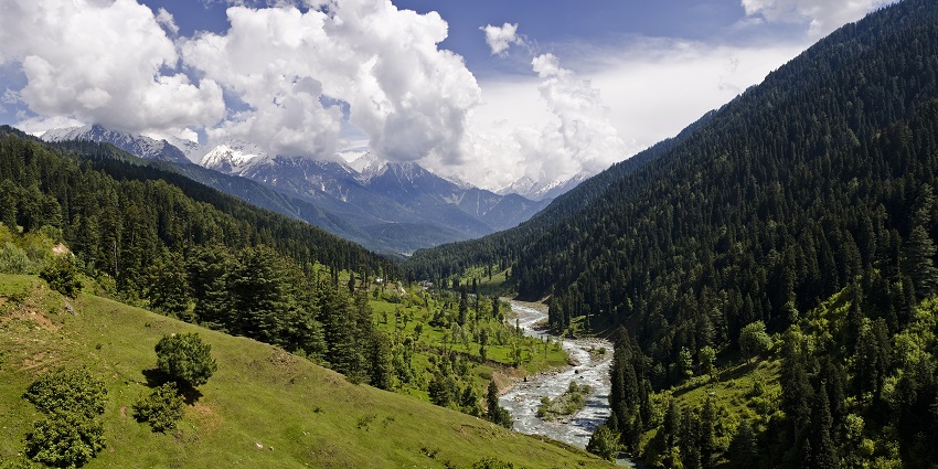 Scenic view of Pahalgam Valley with lush greenery and majestic mountains in the background.