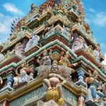 A breathtaking view of a temple from below with colourful architecture during the daytime.