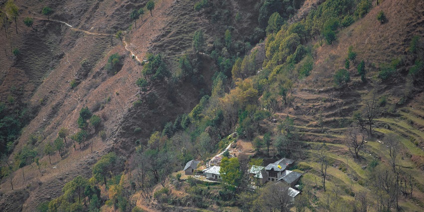 A serene view of the majestic mountains of Palampur designed for terrace farming.