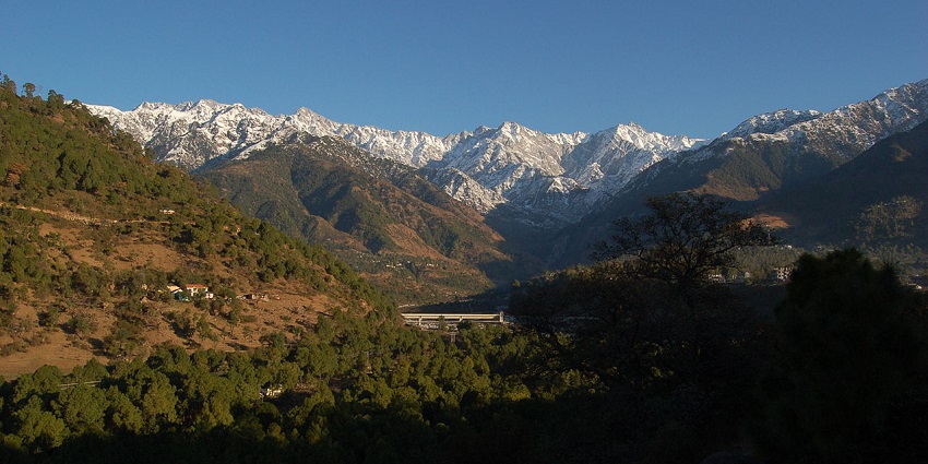 Scenic view of the forested hills with snow capped peaks in the background