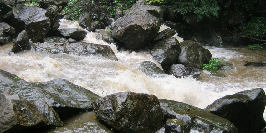 A picture of a waterfall with water cascading down a rocky hill surrounded by greenery