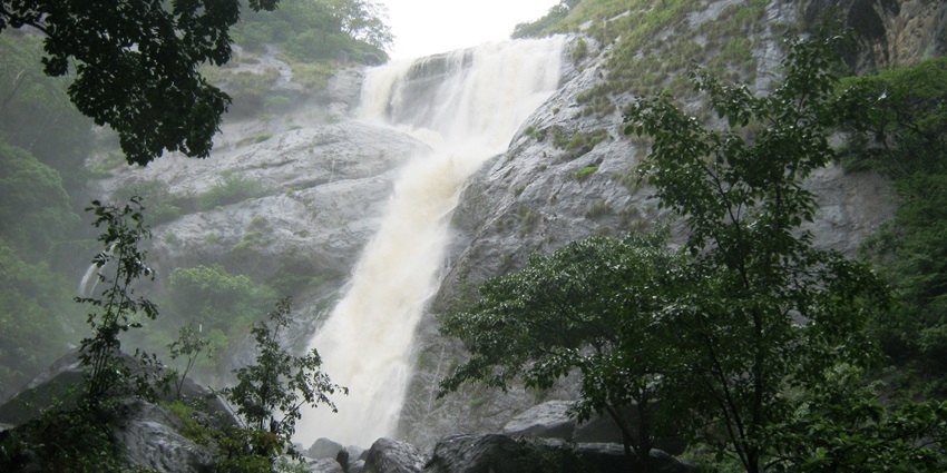 A daytime view of Palaruvi Waterfalls flowing through brown mountains covered by greenery