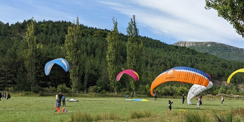 Parachuters on a grassy field, with parachutes spread out and preparing for landing.