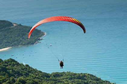 Person paragliding high above a dense forest with a colorful parachute - paragliding in Shillong.