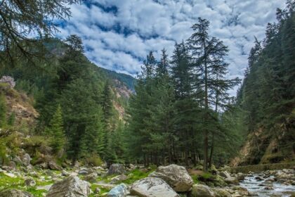 An aerial view of the Tosh village that is in the Parvati Valley and is a snow-laden landscape