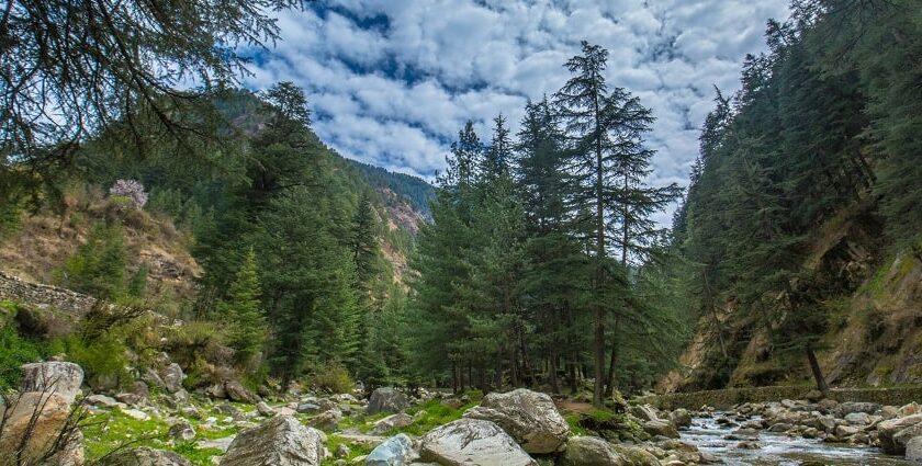 An aerial view of the Tosh village that is in the Parvati Valley and is a snow-laden landscape