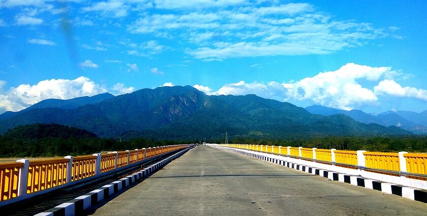 View of Pasighat bridge, backdrop lush green mountains - places to visit in Pasighat