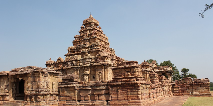 Ancient Virupaksha Temple, showcasing intricate stone carvings and architecture.