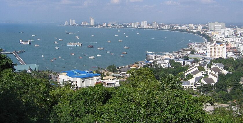 Beautiful aerial snap of the crescent Pattaya beach from a scenic city view point