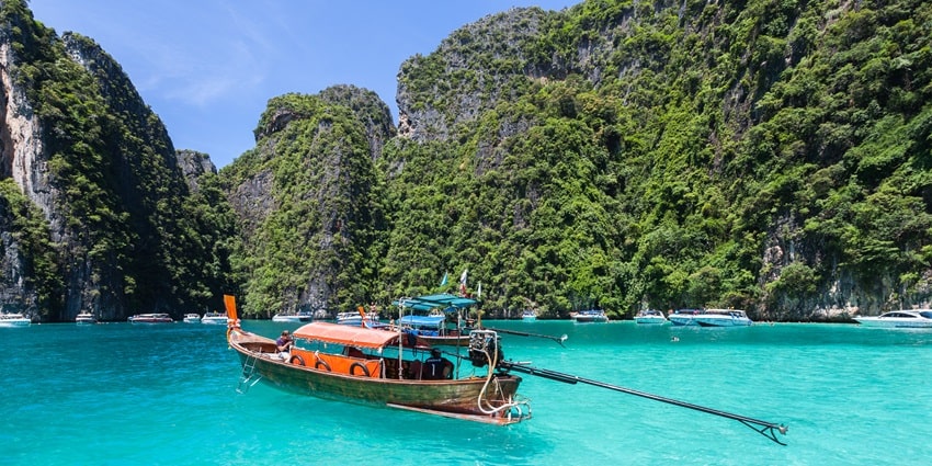 A boat in the crystal clear Phi Phi island waters