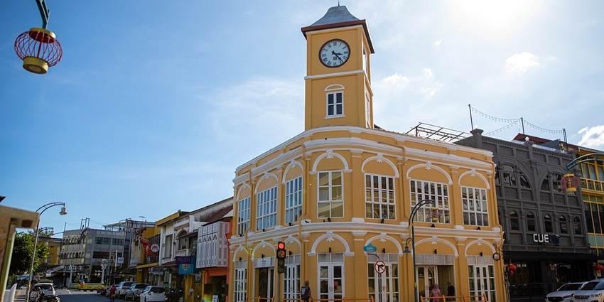 Colorful Sino-Portuguese shophouses lining a street in Phuket Old Town