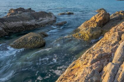 A scenic view of a the famous Freedom Beach with rocks and trees in the surroundings.