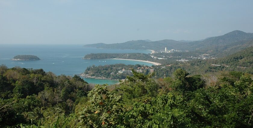 An aerial view of the beautiful island and beaches of Phuket showing greenery and seashores