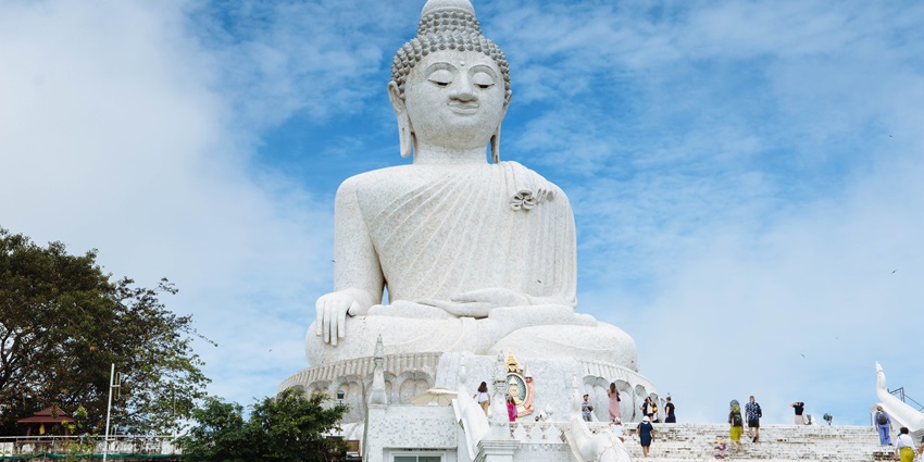 A captivating view of the big white statue of Buddha (Ming Mongkol Buddha) in Phuket