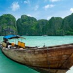 Scenery of a boat sailing through the islands in Phuket, Thailand.