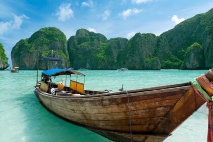 Scenery of a boat sailing through the islands in Phuket, Thailand.