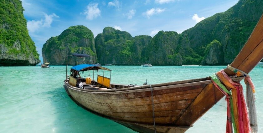 Scenery of a boat sailing through the islands in Phuket, Thailand.